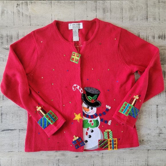 Red Snowman Knit Cardigan Sweater - Picture 1 of 13